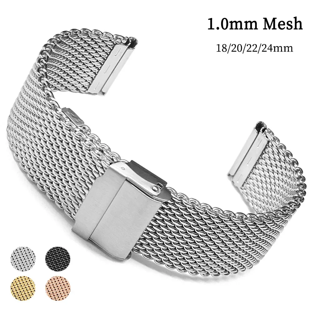 1.0mm Milanese Mesh Strap 18mm 20mm 22mm 24mm Watch Band 3mm Thick Stainless Steel Wristband Universal Folding Buckle Bracelet
