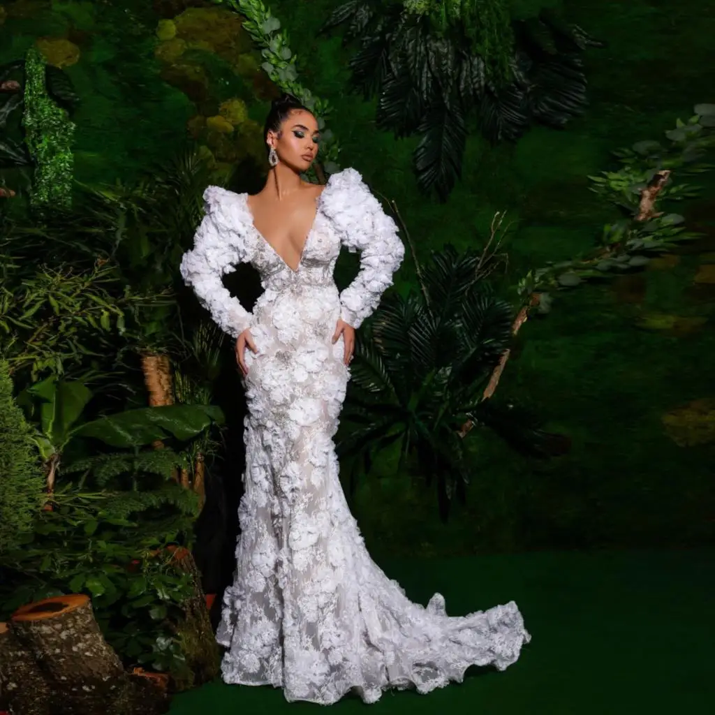 

Gorgeous Elegant Mermaid Prom Dresses Long Sleeves V Neck 3D Flowers Women Wedding Party Evening Gowns Plus Size Custom Made