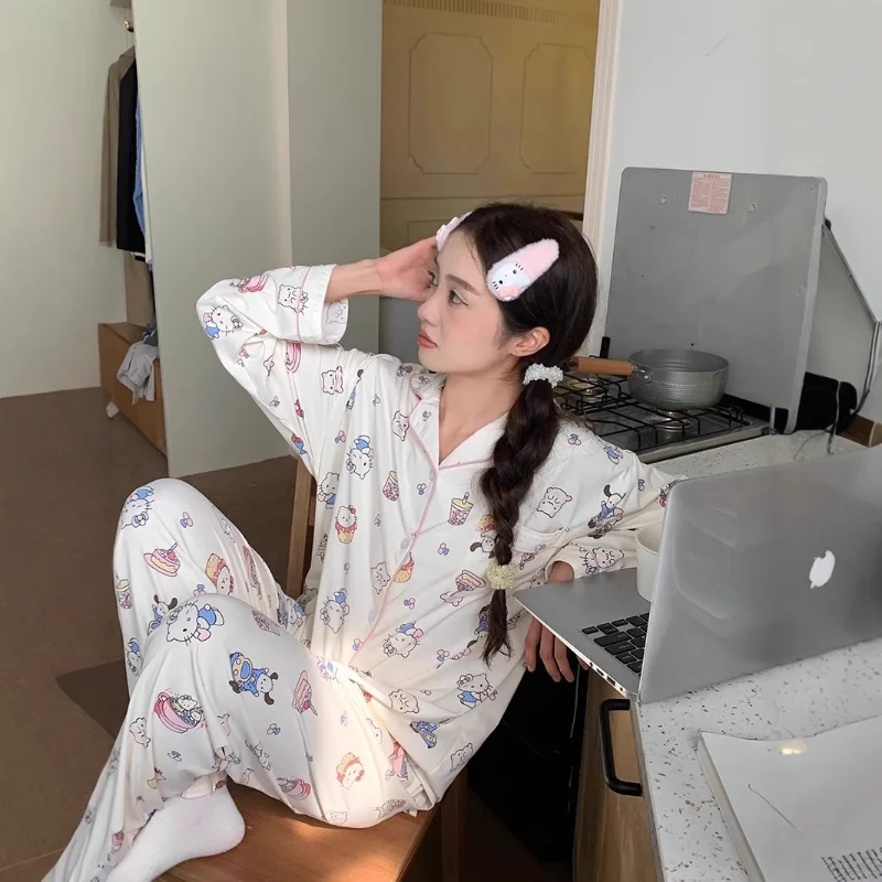 Sanrio Hello Kitty шелковые пижамы женские осенние брюки из чистого хлопка с длинными