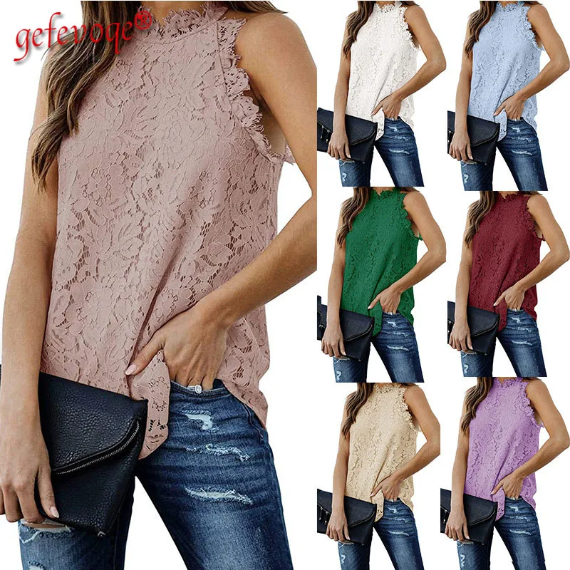 

Women Lace Flower Sleeveless Round Neck T-shirt Lady Casual Fashion Casual Solid Color Pullovers Simplicity Trend Supple Clothes