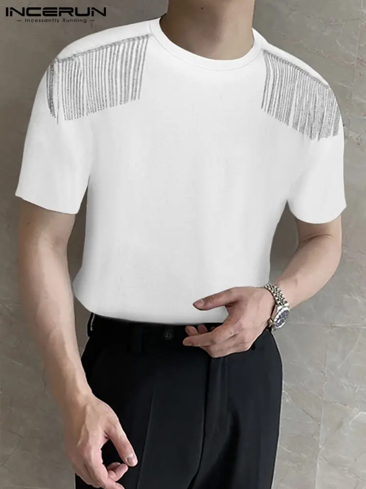 

INCERUN Fashion Men T Shirt Tassel 2022 Solid Color Round Neck Short Sleeve Casual Men Clothing Summer Streetwear Tee Tops S-5XL