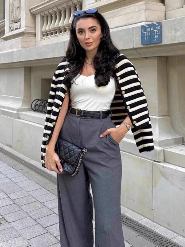 Женский Полосатый Вязаный Свитер Кардиган С Круглым Вырезом И Длинными Рукавами