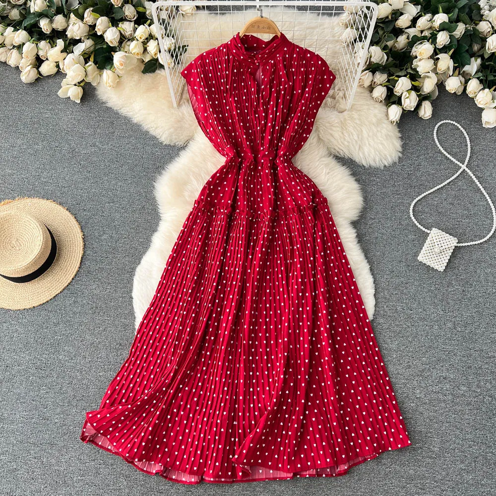 

French Vintage Slim polka dot print pleated long Dress Robe Ete summer Party tank sundress Women elegant beach tunic Vestidos