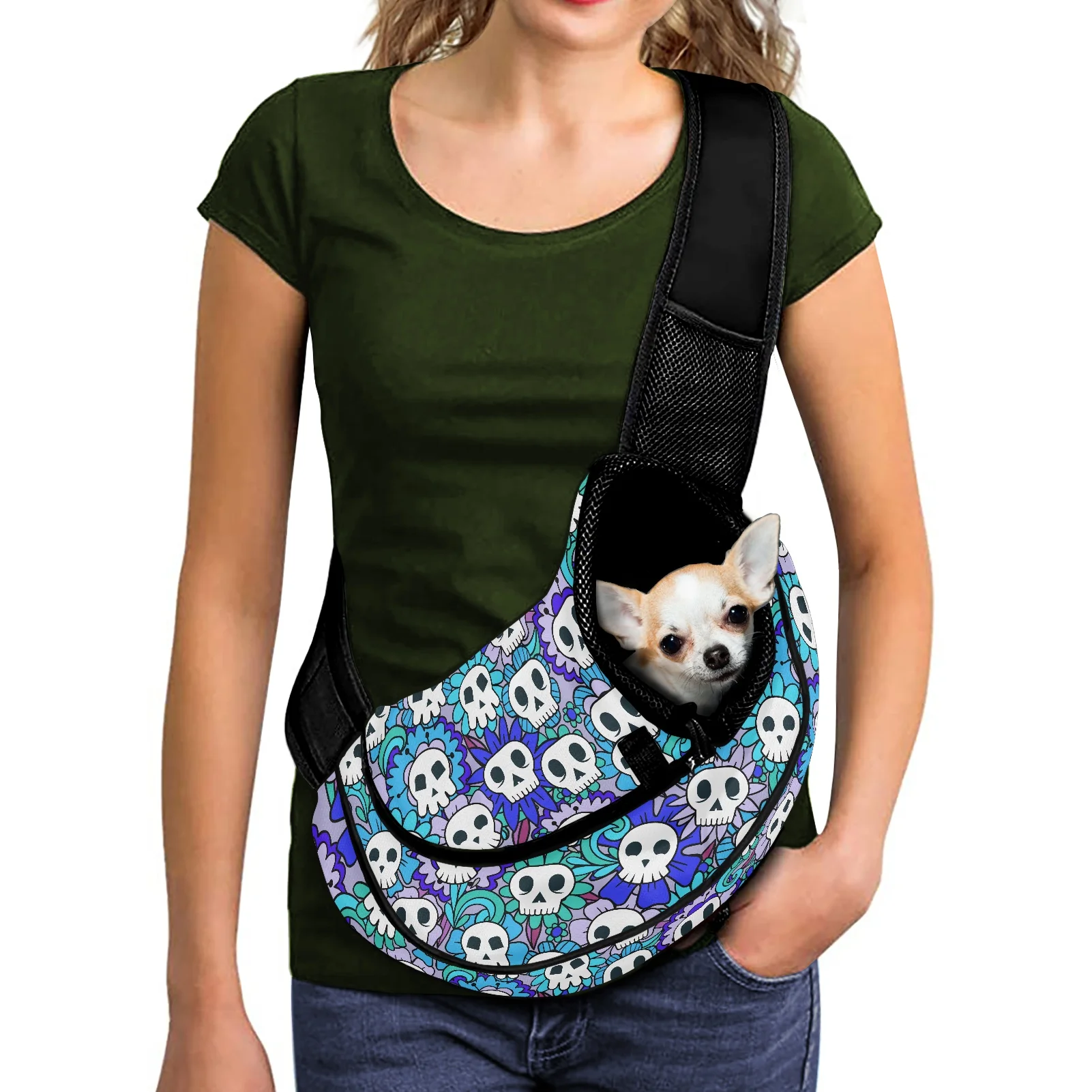 

Рюкзак-переноска в горошек с мультяшным черепом и цветком, сумка для маленьких собак, переносная сумка через плечо для домашних животных, дорожная сумка с индивидуальным изображением