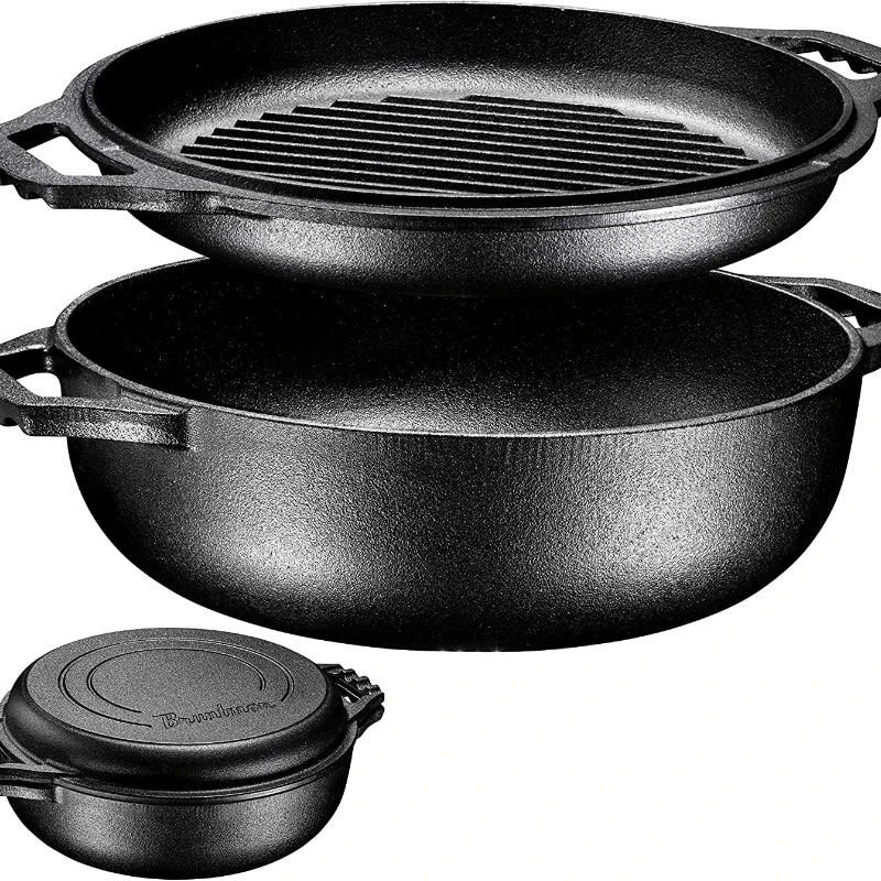 

| 2-In-1 Pre-Seasoned Cast Iron Cocotte Double Braiser Pan With Grill