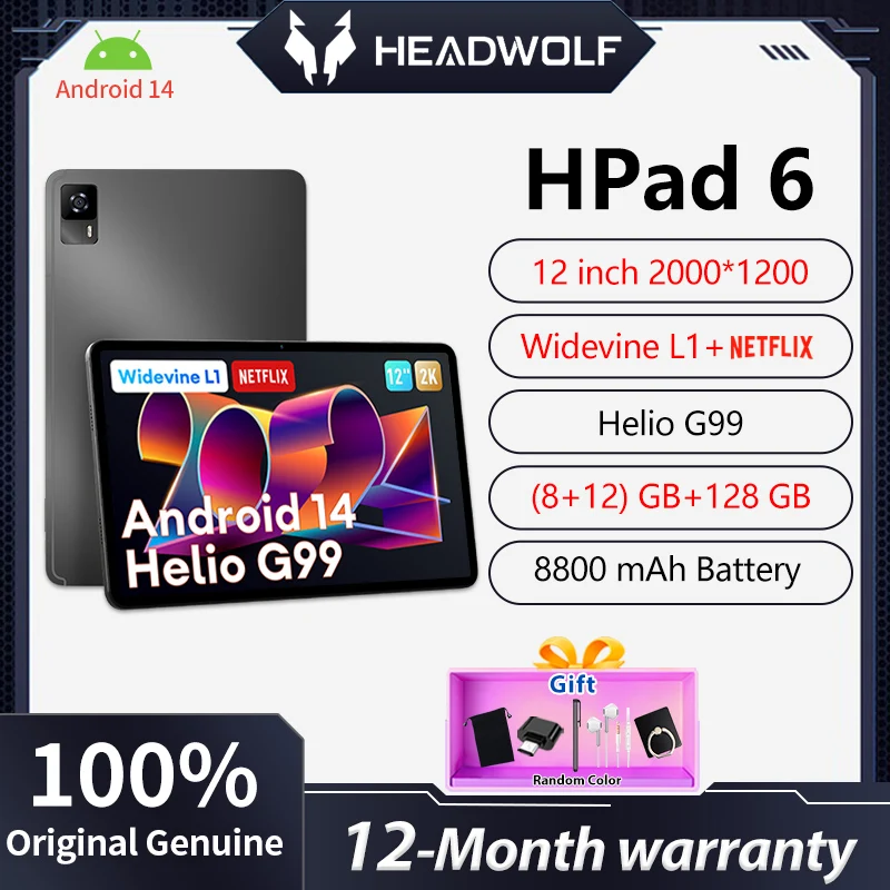 Планшет Headwolf HPad6 Android14 WidevineL1 + Netflix 12 дюймов экран 2K HelioG99 8 ГБ ГБ) ОЗУ 256 планшетный ПК