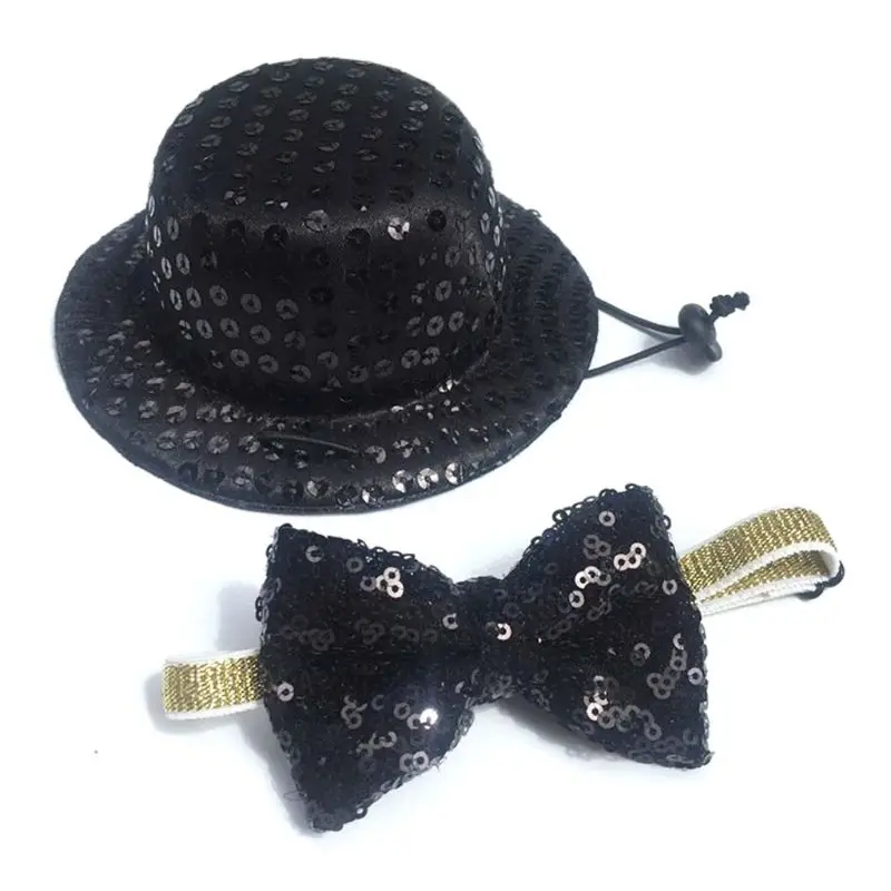 

Small Dog Black Sequined Cylinder Top Hat with Bow Tie Set Costume Pet Festive Travel Beauty Decor Collar Accessories