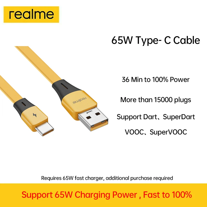 

realme Original USB Type C Cable Phone Charger Cable 65W 6A Fast Charge Super Dart Vooc For realme GT2 9 8 Narzo 50i C11 Neo 2