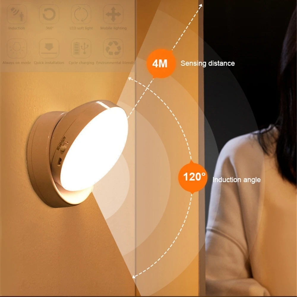 360° Rotating Rechargeable PIR Motion Sensor LED Night Light: Versatile Wireless Wall Lamp for Cabinets and Closets 1