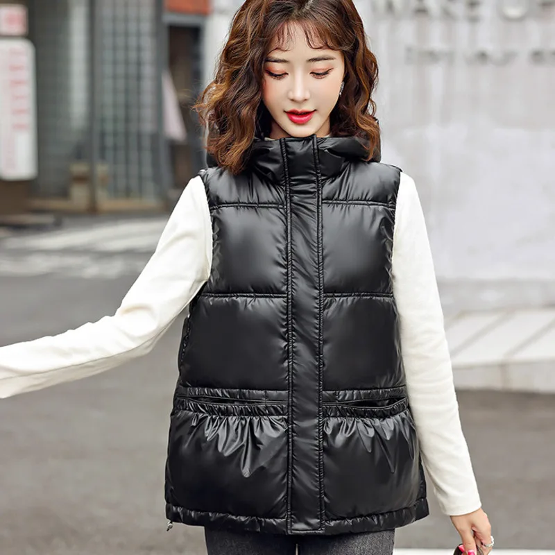 

#0450 Winter Short Vest Coat Women Hooded Waisted Female Warm Sleeveless Jacket Ladies Solid Color Outerwear Vest Jacket Winter