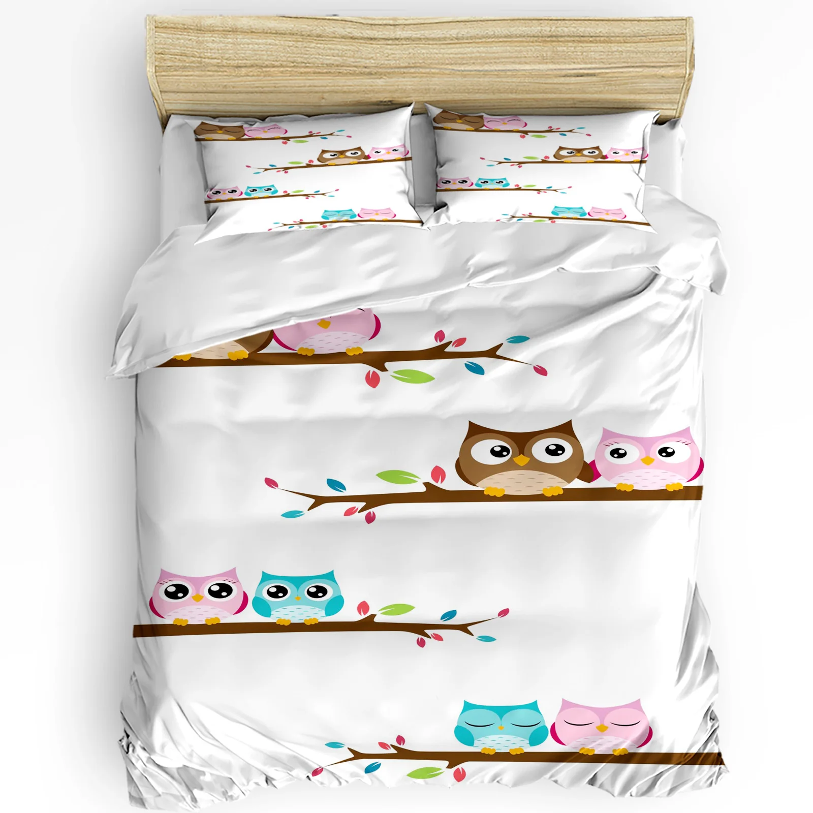 

Cartoon Owl Couple Standing On A Branch 3pcs Bedding Set For Bedroom Double Bed Home Textile Duvet Cover Quilt Cover Pillowcase