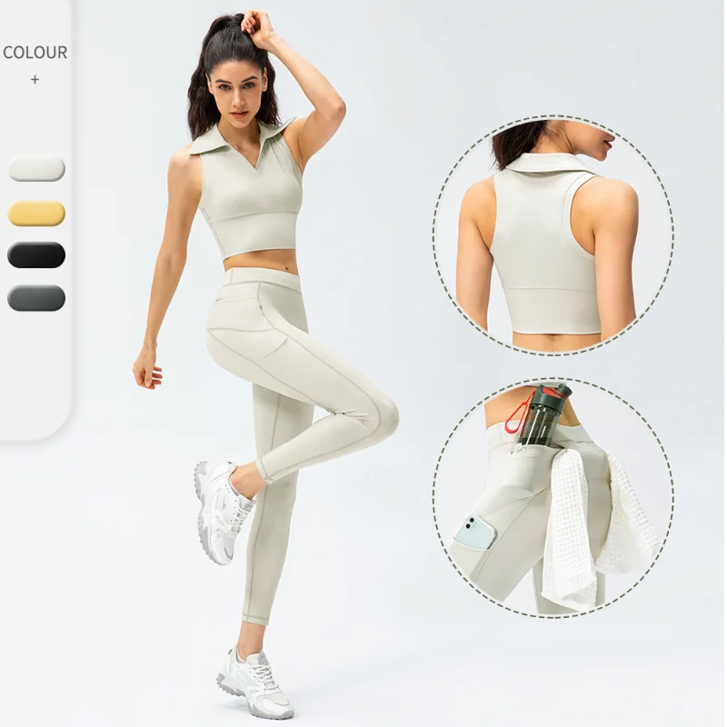 

S-Yoga Set High Waist Polo Collar Tank Top Fitness Running Tights Two Piece Workout Clothes for Women