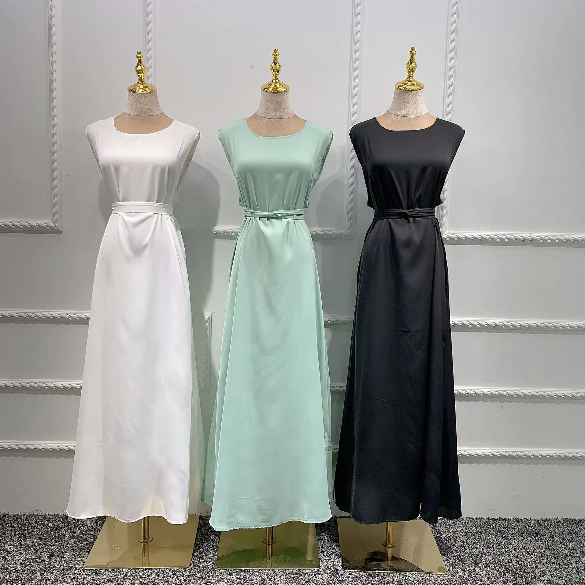 Новые модные шелковистые исламские внутренние платья abayas элегантное платье французское стильное мусульманское платье с поясом