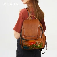 bolaier new leather large capacity travel backpack most popular girls school bag chinese style sunset pattern retro backpack