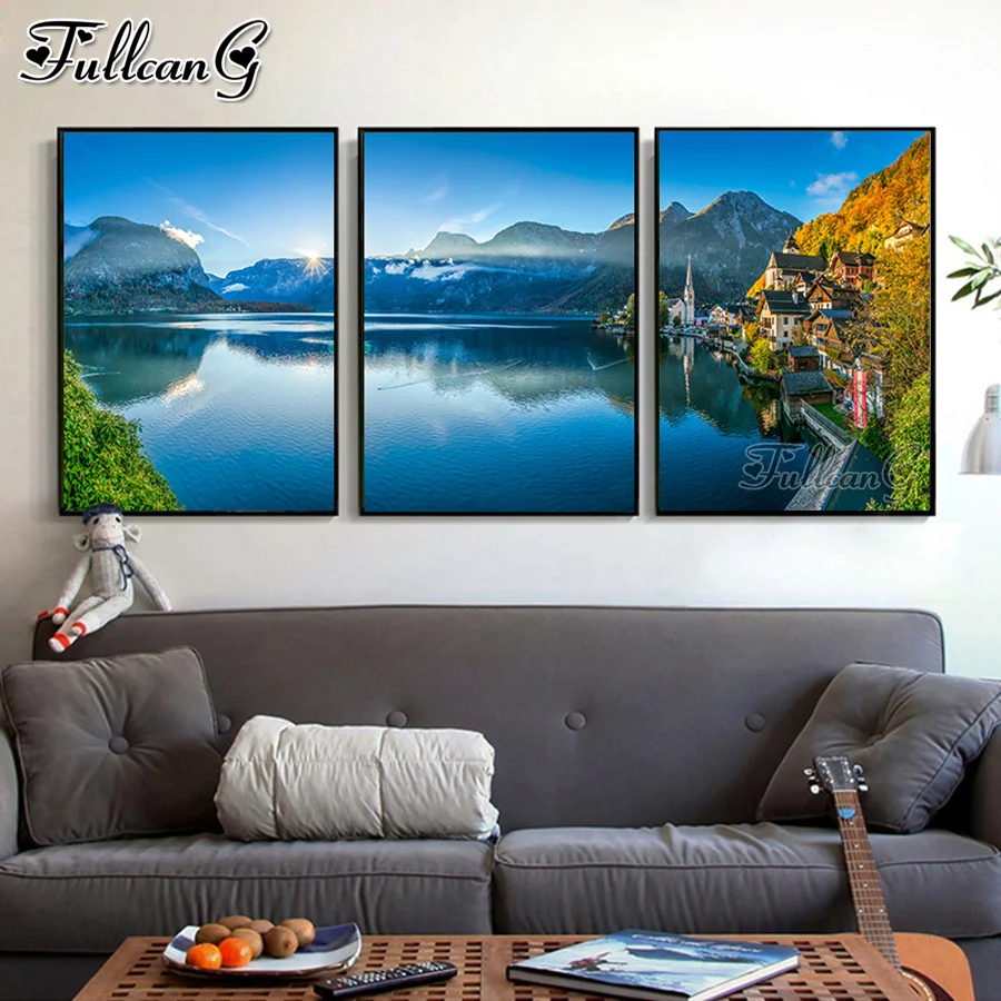 

3 piece sets mountain scenery diamond painting triptych 5d diy full square round drill mosaic embroidery house home decor AA3500