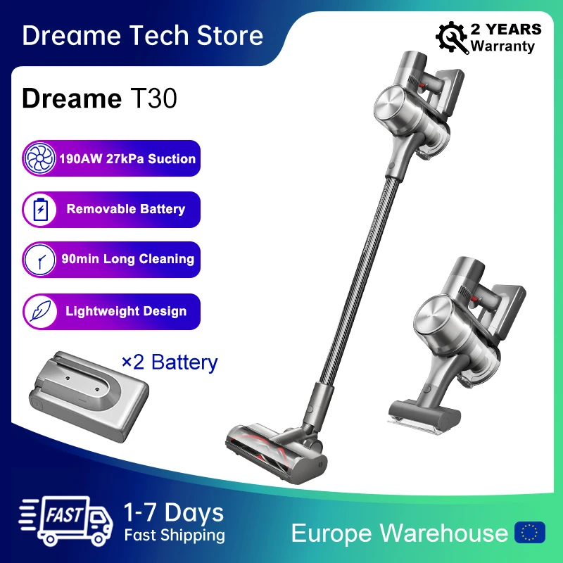 

Dreame T30 Cordless Vacuum Cleaner + Extra Removable Battery for Home, 190AW 27kPa 90min, Wireless Handheld Smart Home Appliance