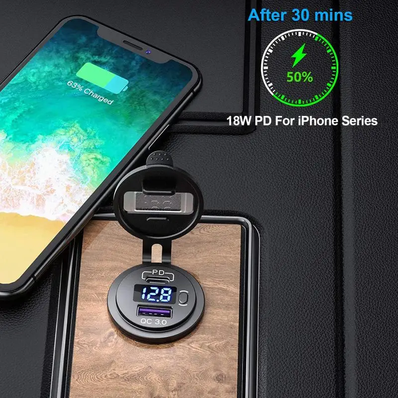 

Водонепроницаемое Зарядное устройство USB Type-C/QC 3,0, 12 В, 24 В