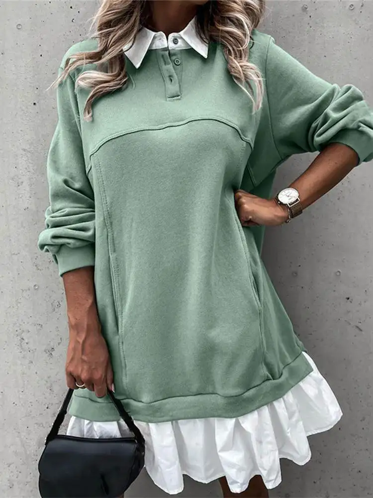 

ZANZEA Elegant Dresses Autumn Long Puff Sleeve Patchwork Dress Womens Loose Robe Fashion Vintage Casual Sundress Oversized 2022