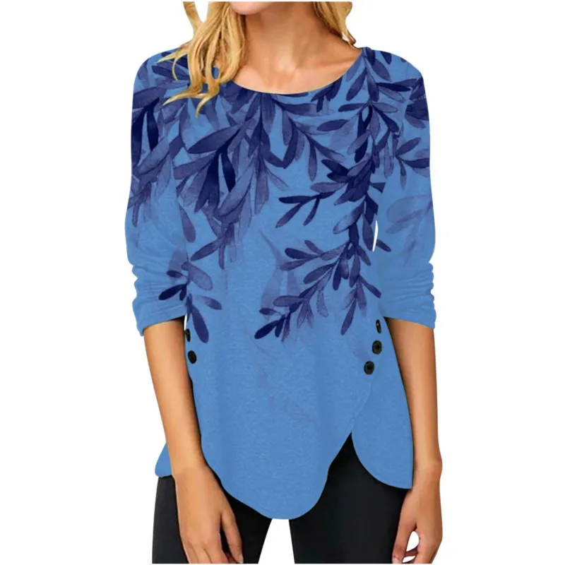 

Женская футболка с длинным рукавом, круглым вырезом и пуговицами