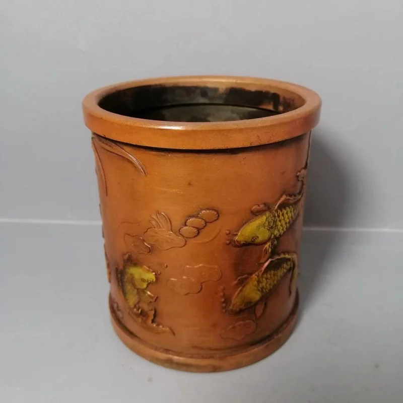 Антикварный антикварный медный утолщенный красный держатель для ручки с рыбой