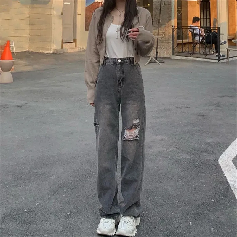 

Black Ripped Hole Wide-Leg Jeans High Street Korean Trendy Denim Women'S Pants Loose High Waist Streetwear Straight-Leg Trousers