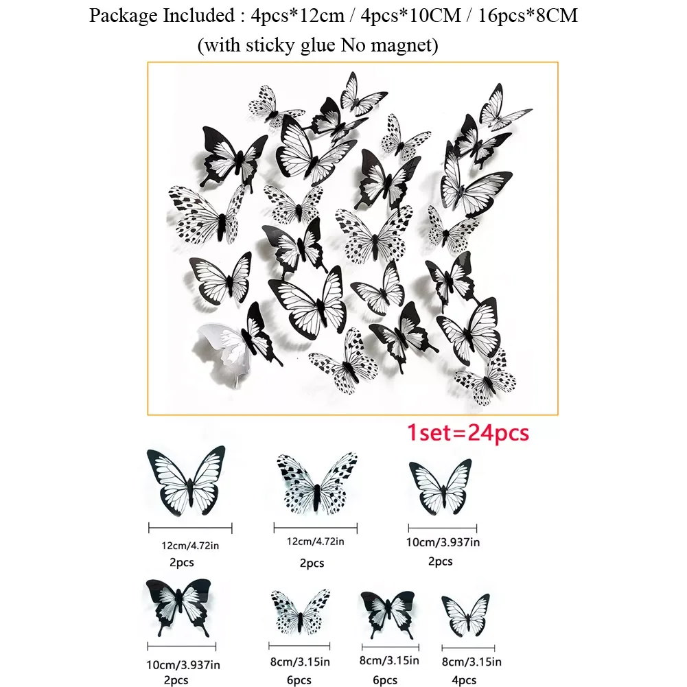 

pcs/set Black white 3D Wall Sticker Wedding Decoration bedroom living room Home Decor Butterflies Decals stickers