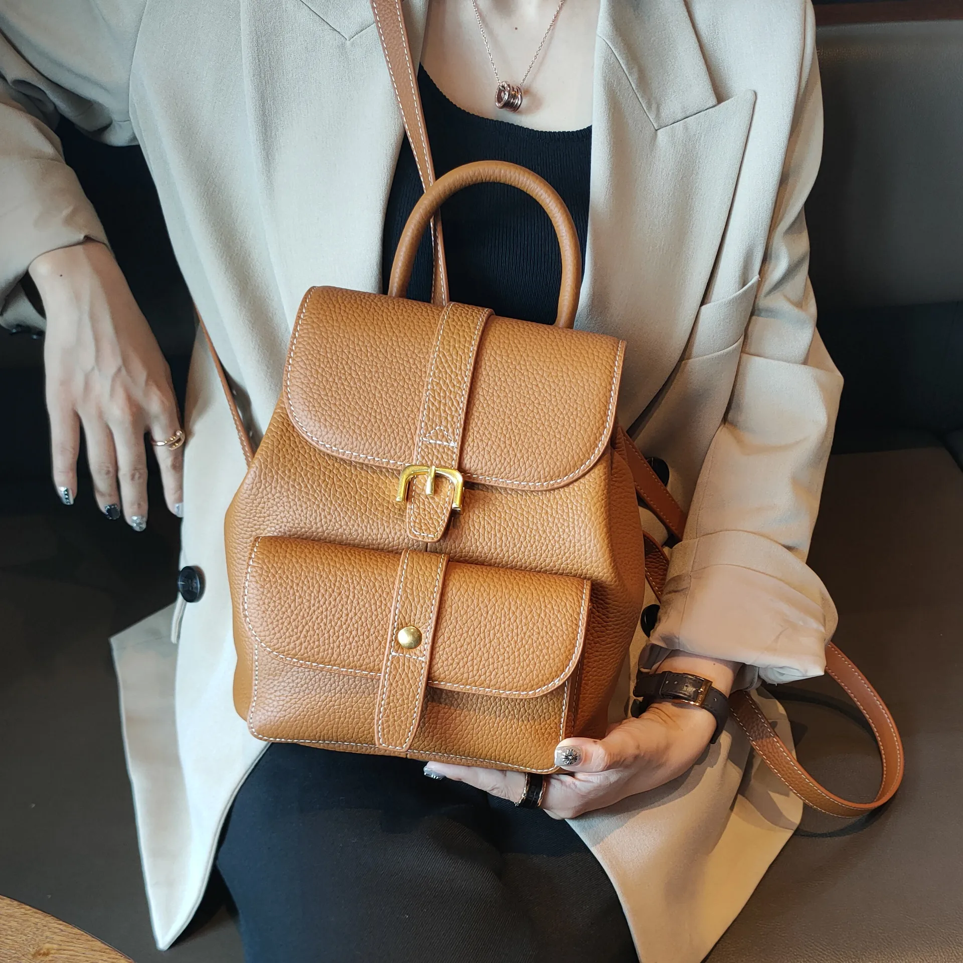 

2022 New Leisure Pure Leather Bag Small Backpack Women's Bag Cow Leather Backpack