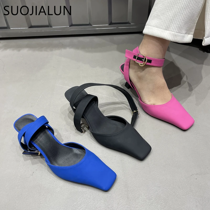 

SUOJIALUN 2023 Spring Women Slingback Shoes Fashion Shallow Ankle Strap Ladies Elegant Snadal Thin High Heel Dress Pumps Shoes