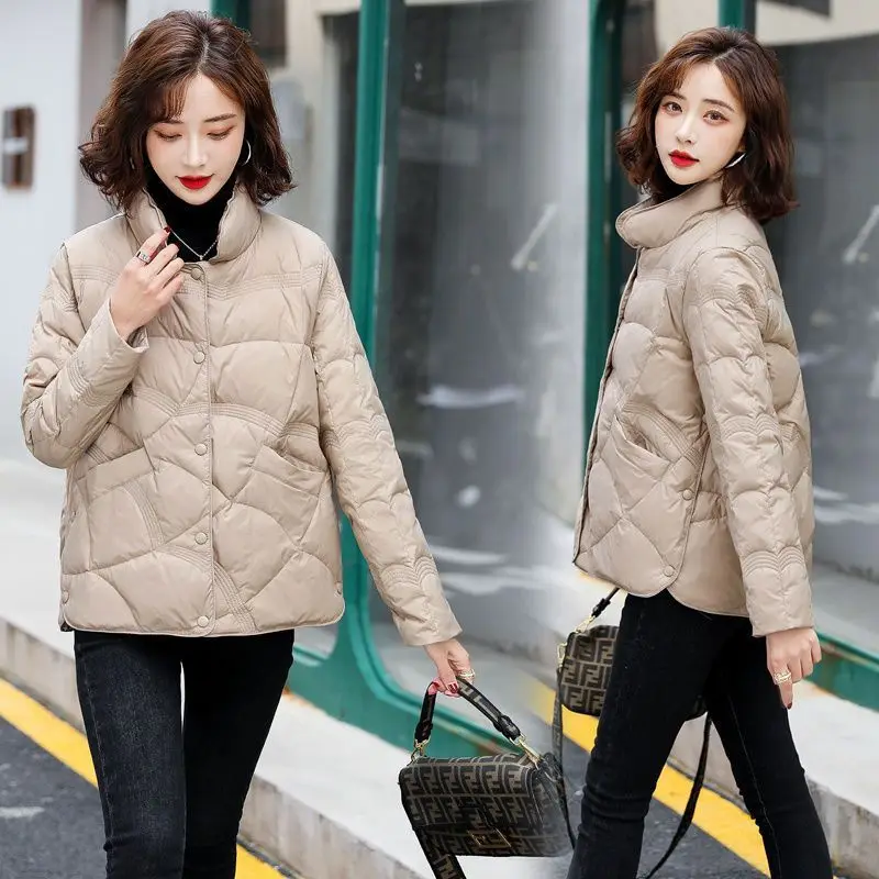 2023 New Winter Down Warm Women White Duck Down Coat Long Jacket Autumn Slim Pocket Loose Outwear Stand Collar Ladies M10