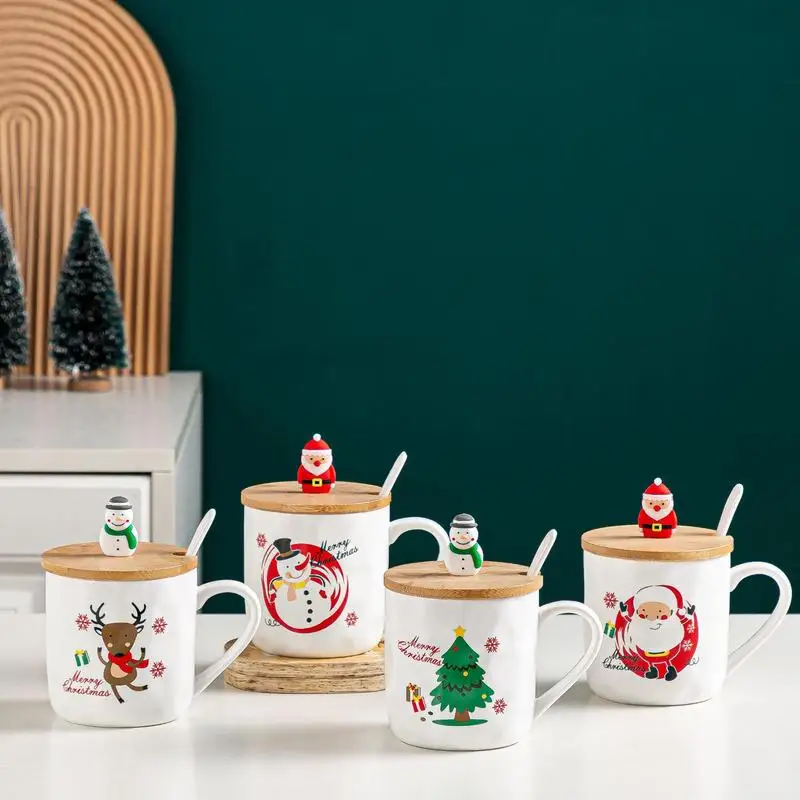 

Christmas Cup With Lid And Handle White Ceramic Christmas Mugs Cartoon Cute Ceramic Christmas Tea Cups Design For Holiday Party