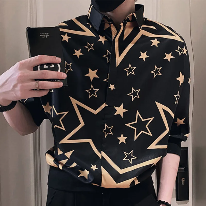 

Vintage star pattern Shirt Camisa Social Masculina Contrast color matching Men Shirt Casual Half Sleeve Male Shirt Club Party