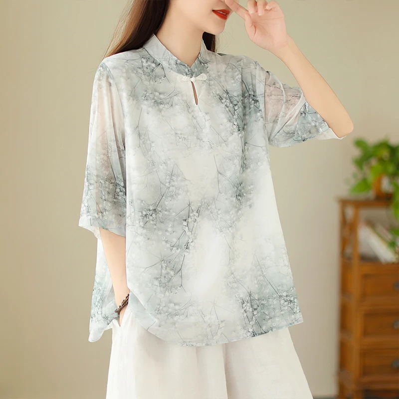 

Printed Chinese Style Blouses Cotton Linen Women's Shirts Loose Short Sleeve FASHION Ladies Clothing New Summer O-neck Tops