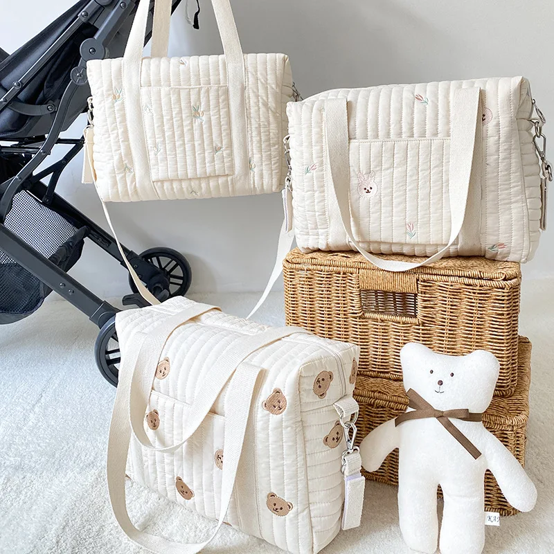 

High Quality Bear Rabbit Embroidery Portable Mom Baby Shoulder Bag Mummy Travel Handbag Quilted Cotton Storage Diaper Bags