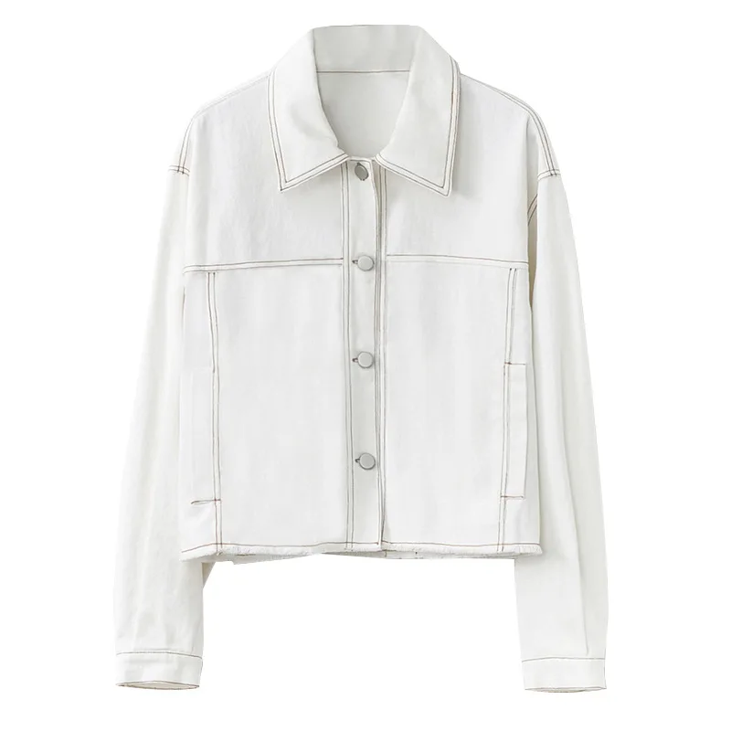 

Women Cropped Cotton Denim Jean Jacket Raw Trim Street Outfit Casual Clothing Autumn