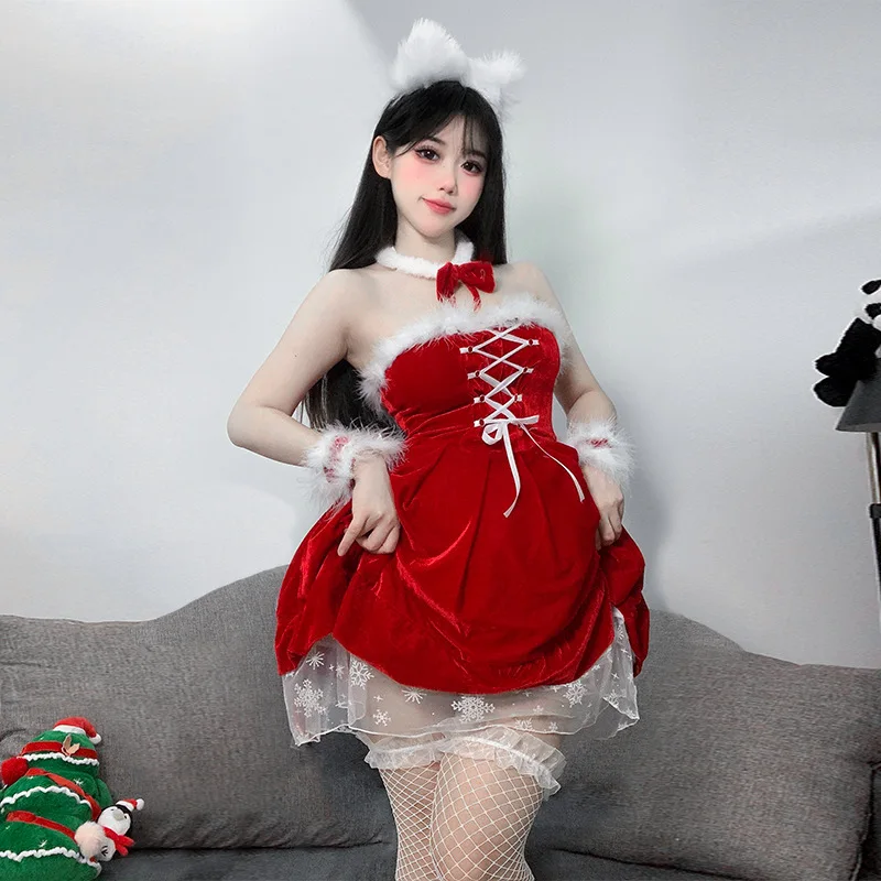 Рождественская одежда с сексуальным белым бархатным лифом и красным платьем Spice