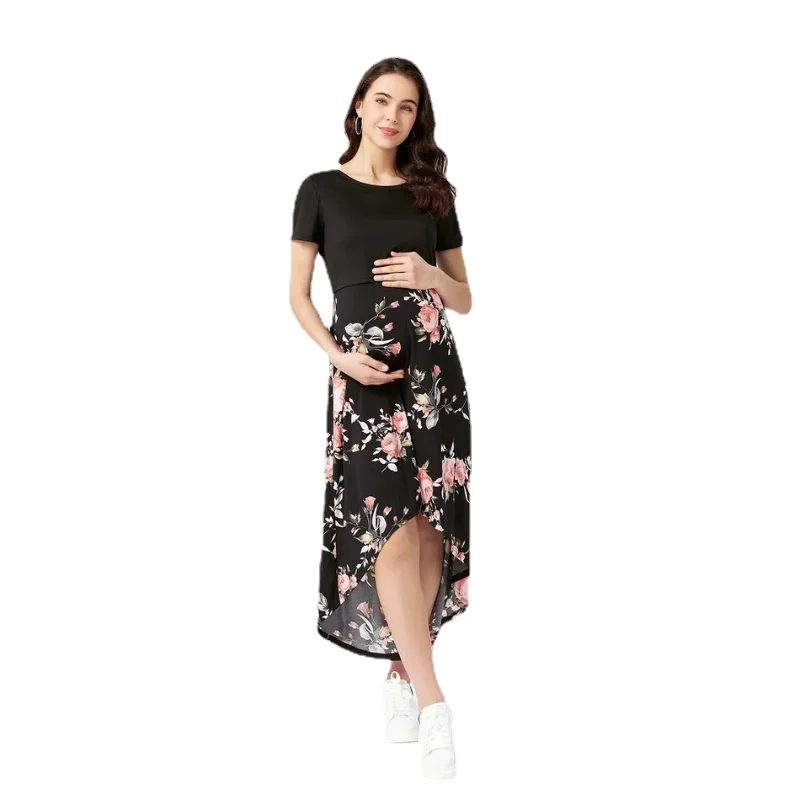 New Summer Maternity Gown Pregnancy Clothes Maternity Dress Maternity Maxi Dress Cotton Asymmetrical Patchwork Maternity Clothes