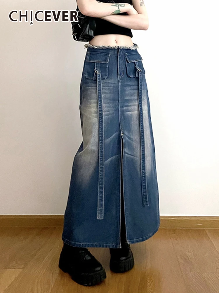 

CHICEVER Hit Color Denim Skirts For Women High Waist Patchwork Pockets Vintage Split Raw Hem A Line Skirt Female Summer Clothes