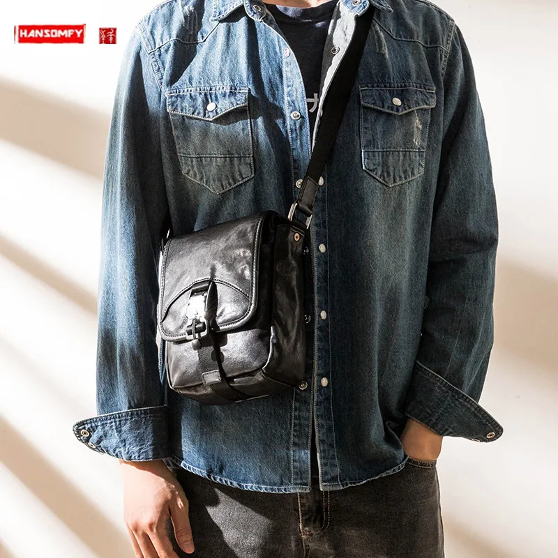 2022 New Genuine Leather Messenger Bag Men's Bags Vertical Design First Layer Cowhide Casual Fashion Shoulder Bag Youth Small