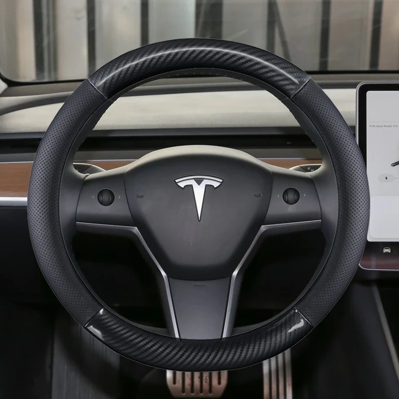 

Carbon Fibre +Genuine Leather Car Steering Wheel Cover Non-Slip For Tesla Model 3 2016 2018 2019 2020 Auto Accessories