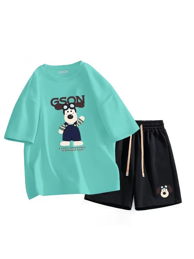 2023 New Men Women 100% Cotton Summer Suit Short Sleeve American Style Printing Master Dog T-Shirt Oversized Leisure Shorts Tee