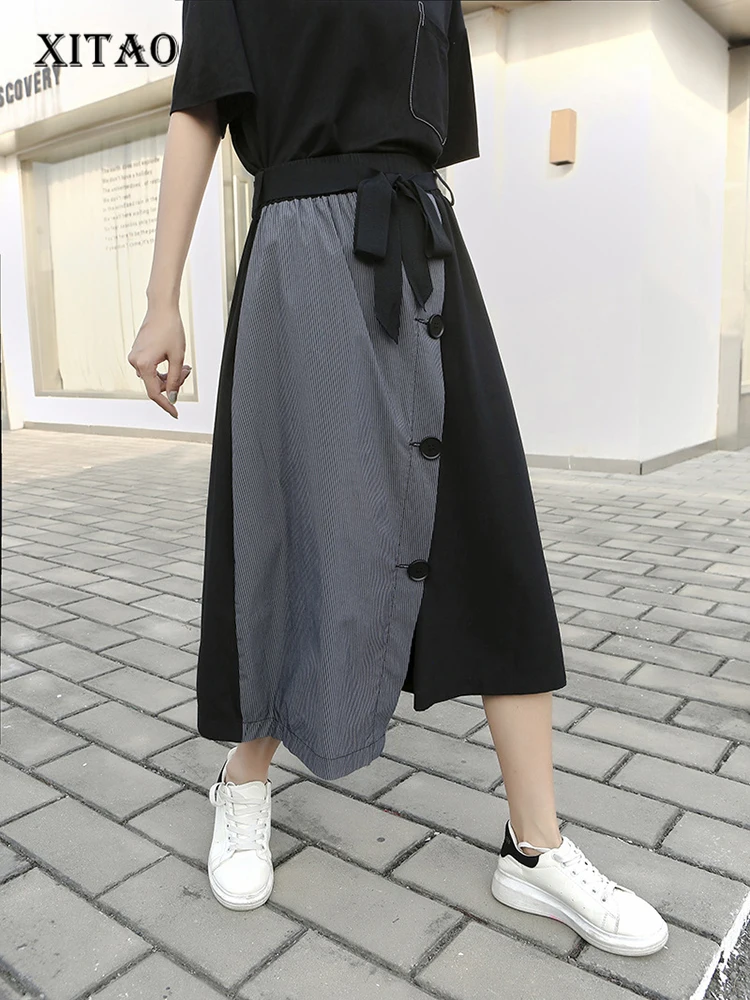 

XITAO Irregular Striped Patchwork Skirt Loose Casual Fashion Bandage Single Breasted Decorate All-match Skirt New WMD5518