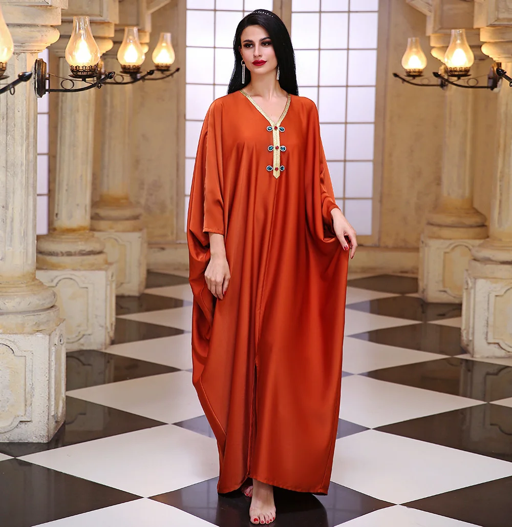 

Muslim Women's Robe Burning Orange Gold Border Satin Hand Stitched Diamond Loose Bat Sleeve Cloak Long Skirt