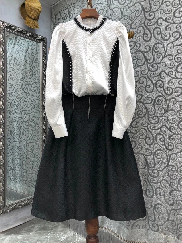 

2023 new women's fashion suit lantern sleeve spliced shirt + jacquard puffy skirt 2-piece set 0213