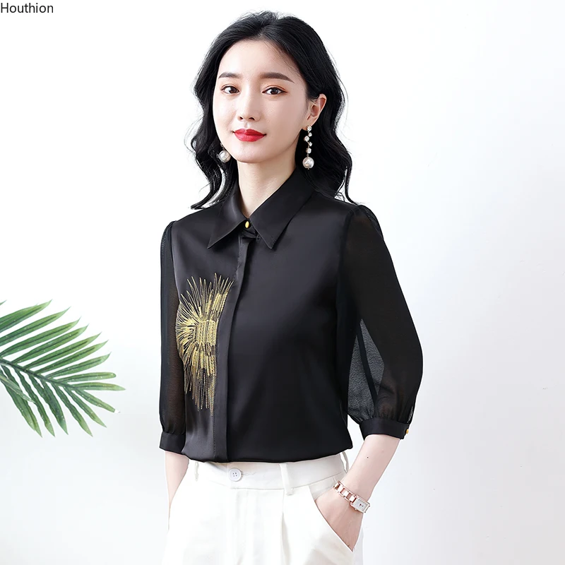 

Женские блузки, модная рубашка-поло с принтом, шифоновый топ с рукавом 3/4, Корейская Новая Летняя женская одежда Movafag