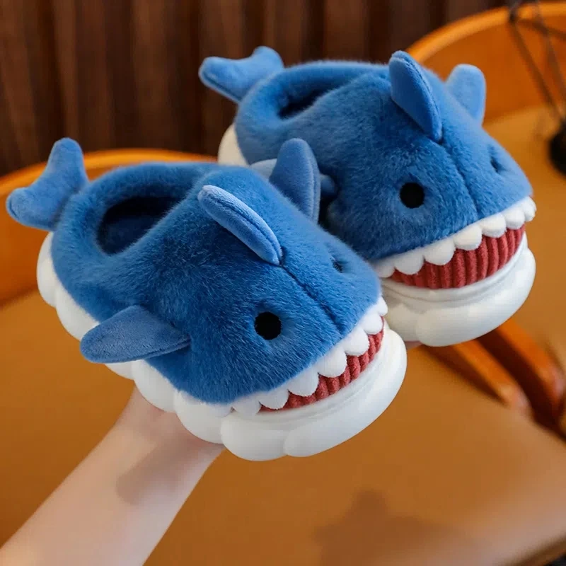 Neutral Autumn And Winter Cotton Slippers Baby Warm Home Indoor Non-slip Boy Cute Cartoon Shark Pattern Baby Child Cotton Shoes