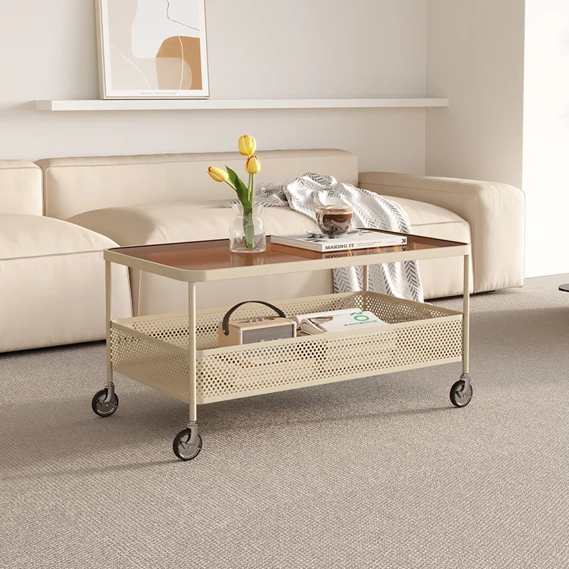 

Qf Rectangular Moving Wheels Glass Coffee Table Desk