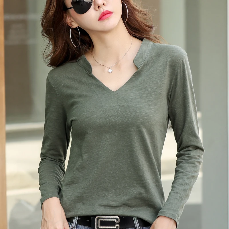 

Long Sleeve V Neck T Shirt Women Elegant Loose Fashion T Shirt Ladies Stand Collar Top Fashion Woman Blouses 2022women's T-shirt