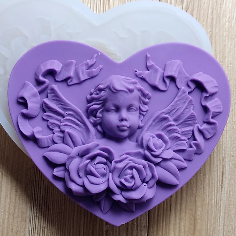 Shape food grade silicone mold heart with Angel 2 shape chocolate lollipops cake | Silk Flower Tool