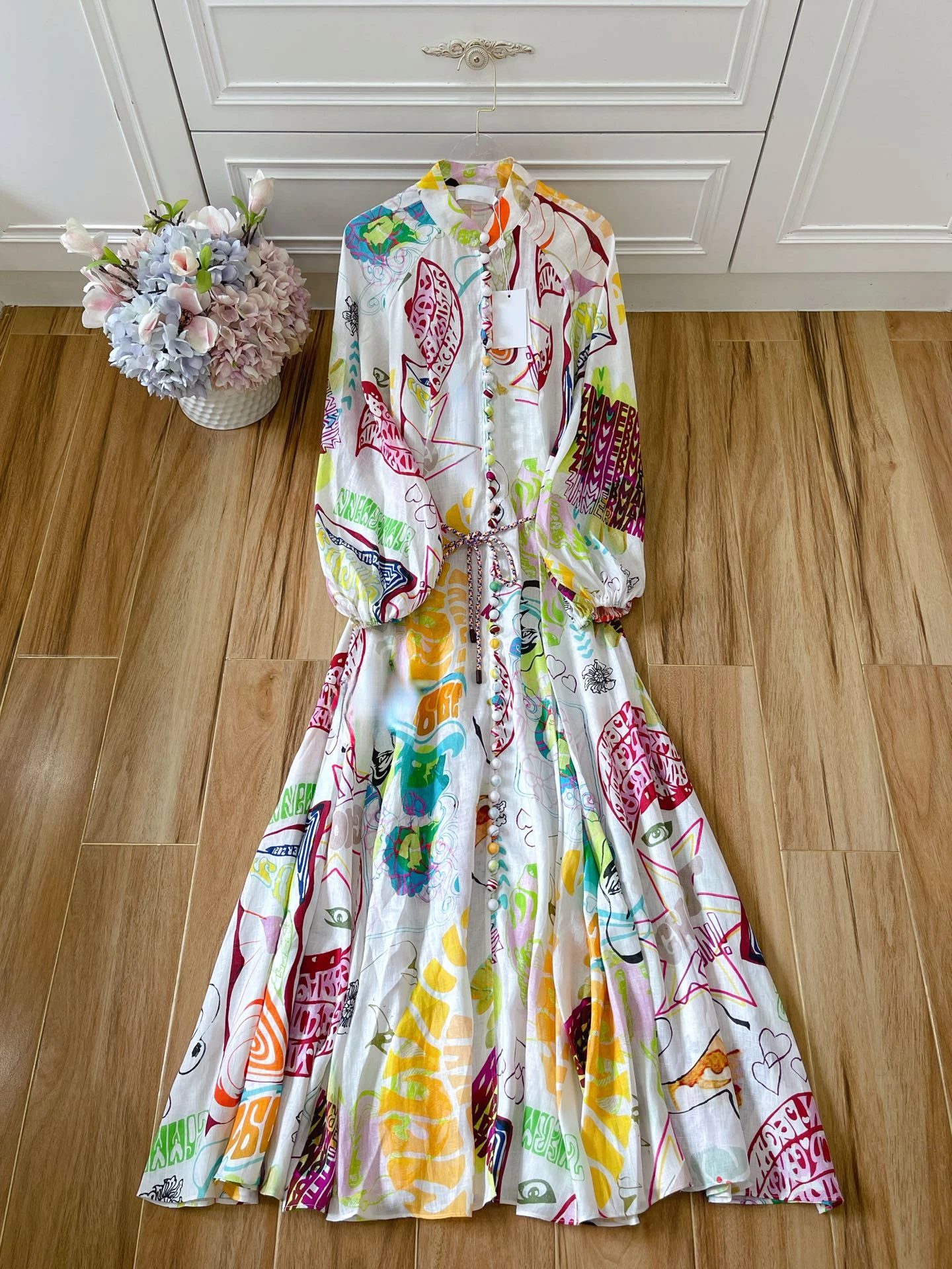 

2022 Summer New High Quality Linen Graffiti Print Midi Vintage Dresses
