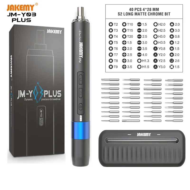 

JAKEMY JM-Y03 Plus Беспроводной набор электрических отверток со светодиодной подсветкой, перезаряжаемый комплект отверток для разборки камеры мобильного телефона